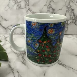 Starbucks Vintage 2000 Starry Night Christmas Art Coffee Mug Blue Painting